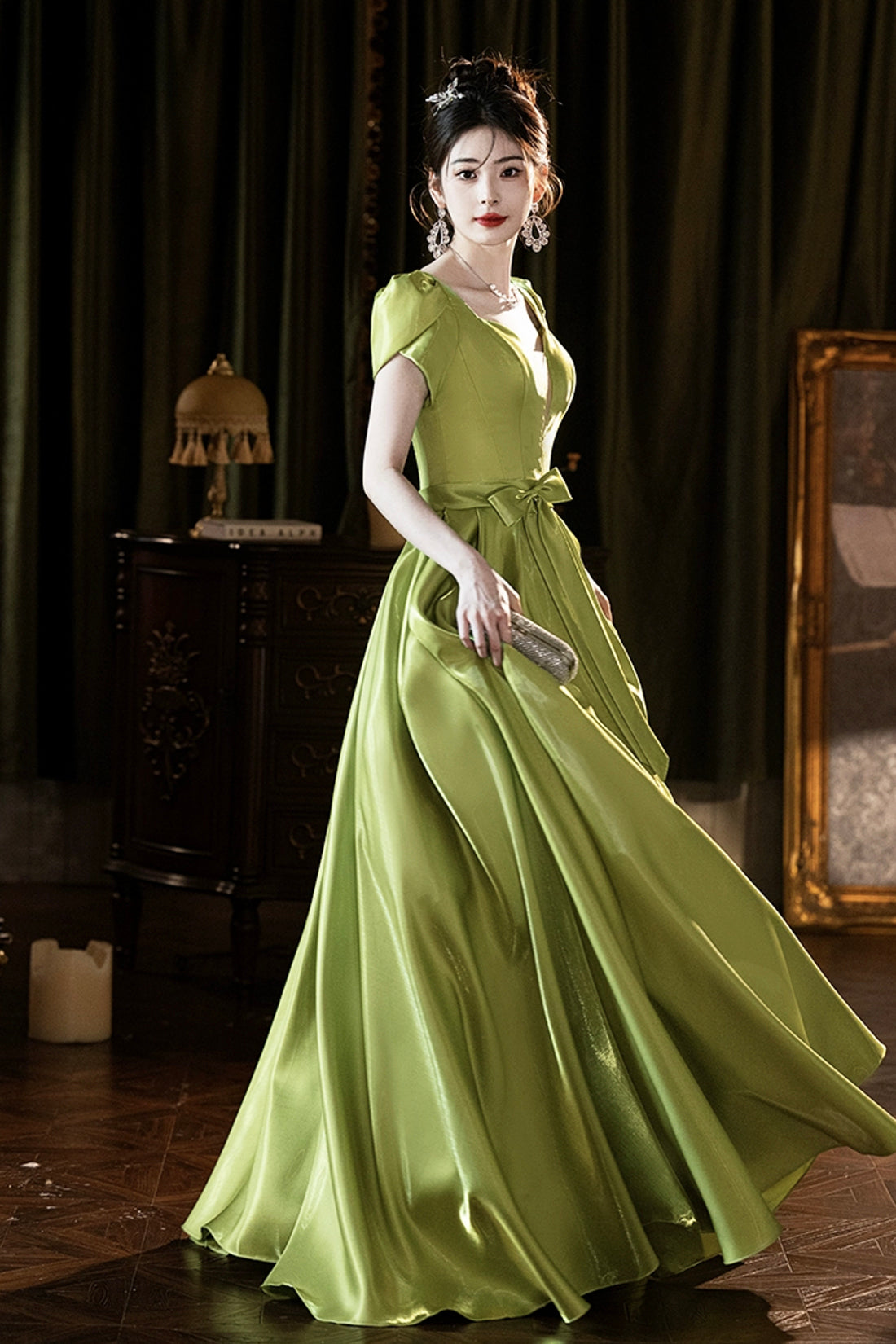 Green Satin Long Prom Dress, Lovely A-Line Short Sleeve Formal Evening Dress