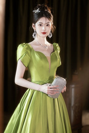 Green Satin Long Prom Dress, Lovely A-Line Short Sleeve Formal Evening Dress