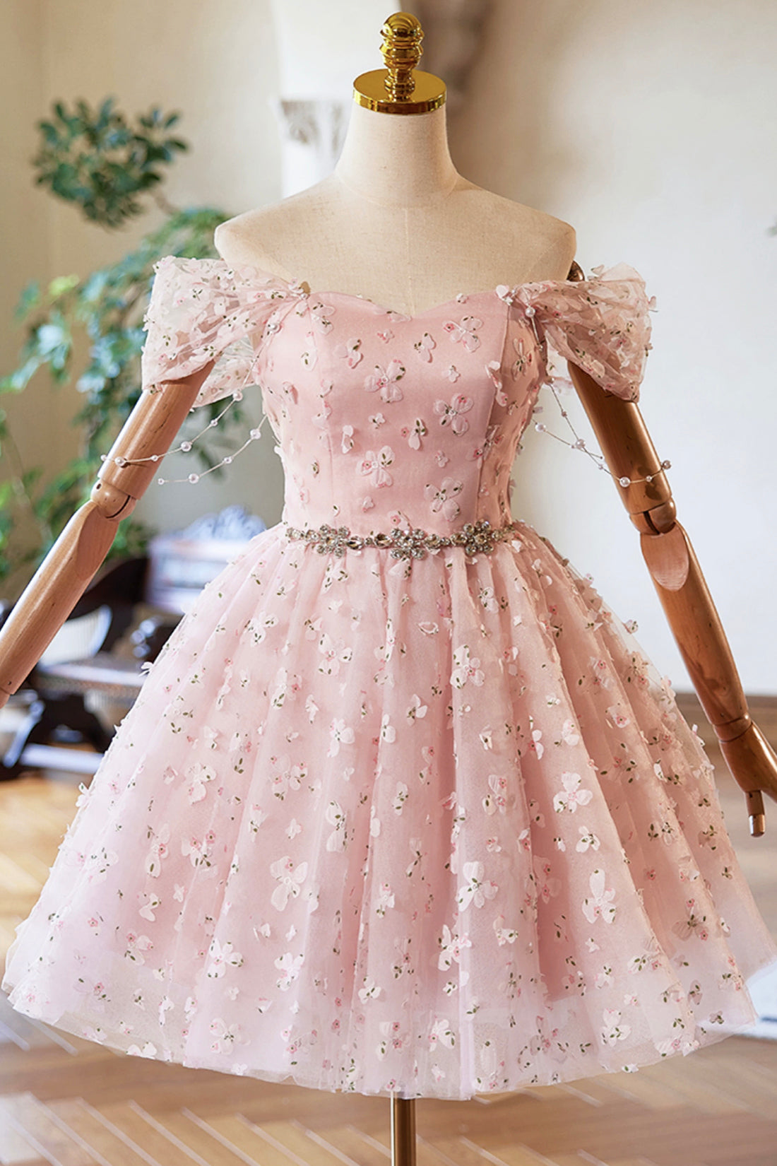 Pink Tulle Knee Length Party Dress, A-Line Off the Shoulder Evening Dress