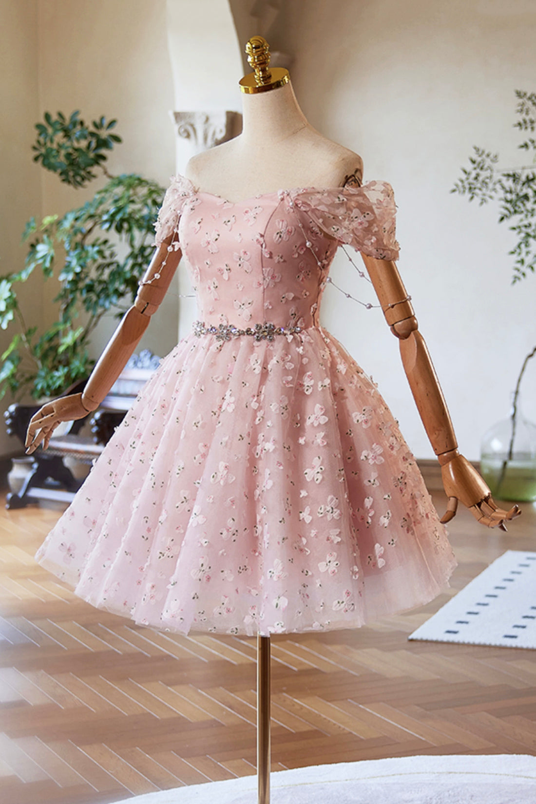 Pink Tulle Knee Length Party Dress, A-Line Off the Shoulder Evening Dress