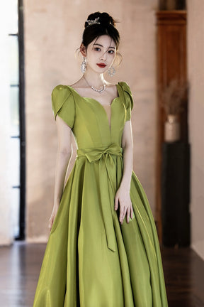 Green Satin Long Prom Dress, Lovely A-Line Short Sleeve Formal Evening Dress