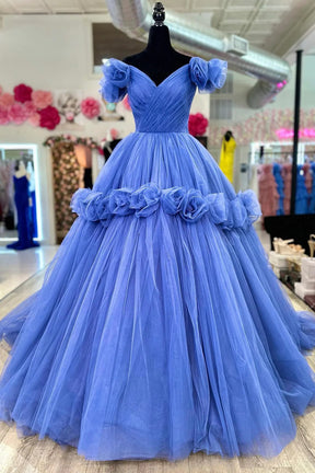 Blue V-neck Tulle Formal Dress with Flowers, Blue Formal Dress Sweet 16 Dress