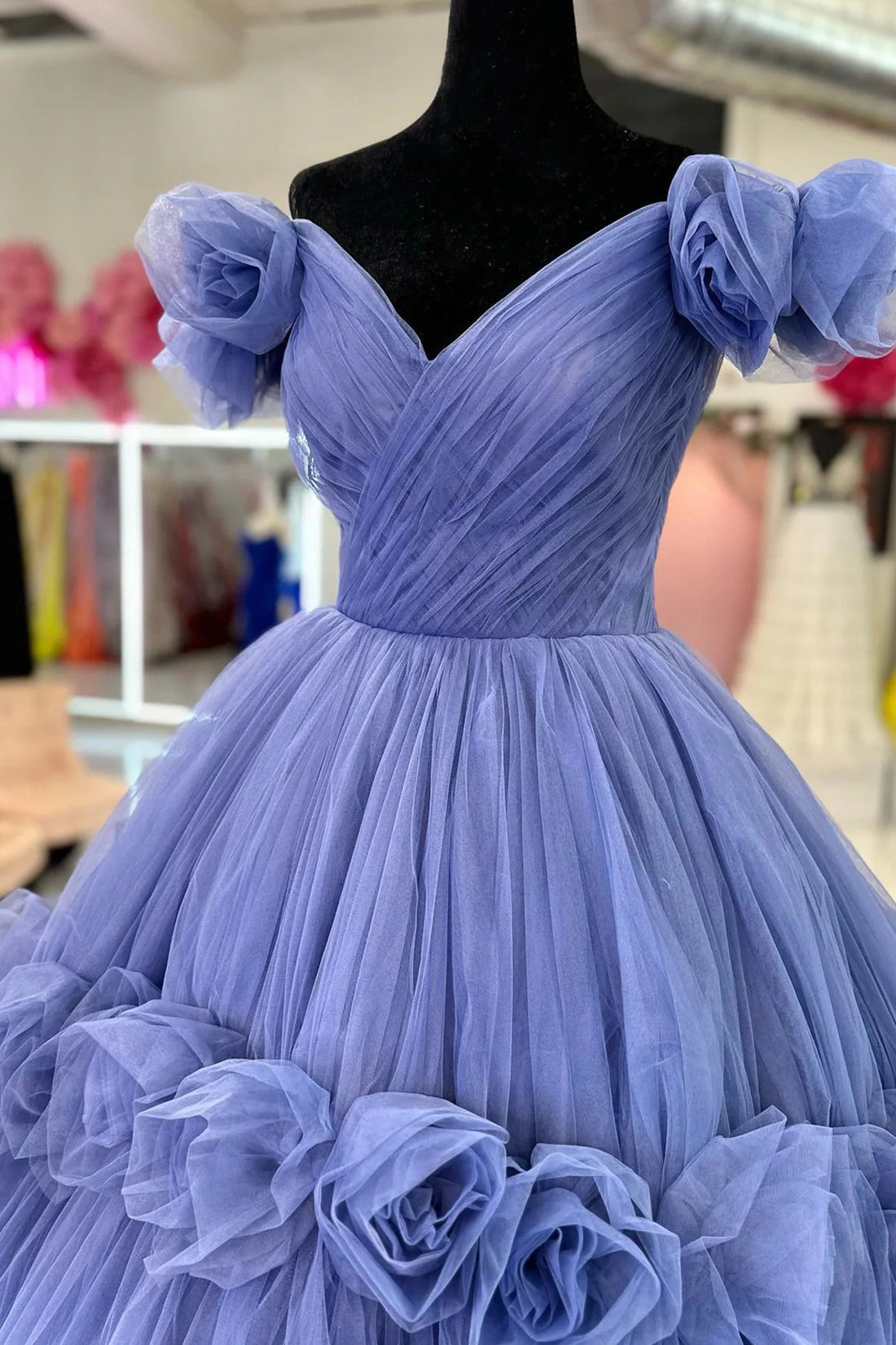 Blue V-neck Tulle Formal Dress with Flowers, Blue Formal Dress Sweet 16 Dress