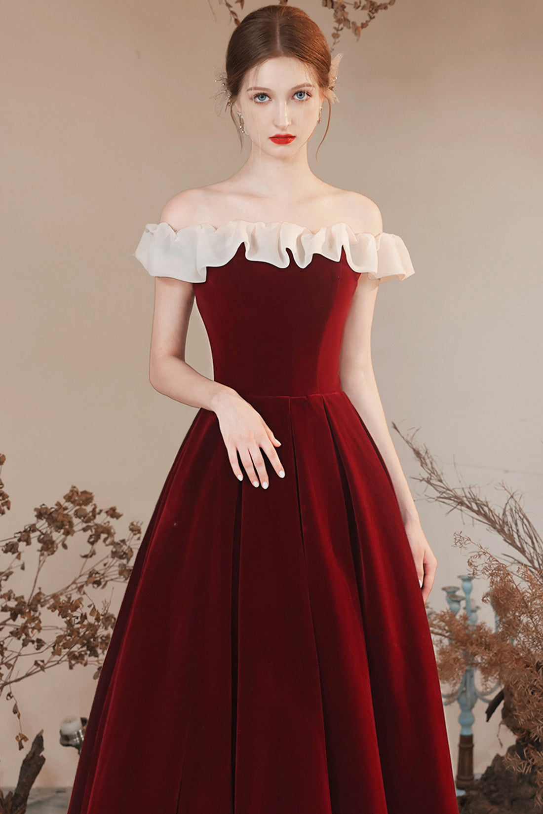 Burgundy Velvet Off Shoulder Long Prom Dress, Burgundy A Line Evening Burgundy Velvet Off Shoulder Long Prom Dress, Burgundy A Line Evening
