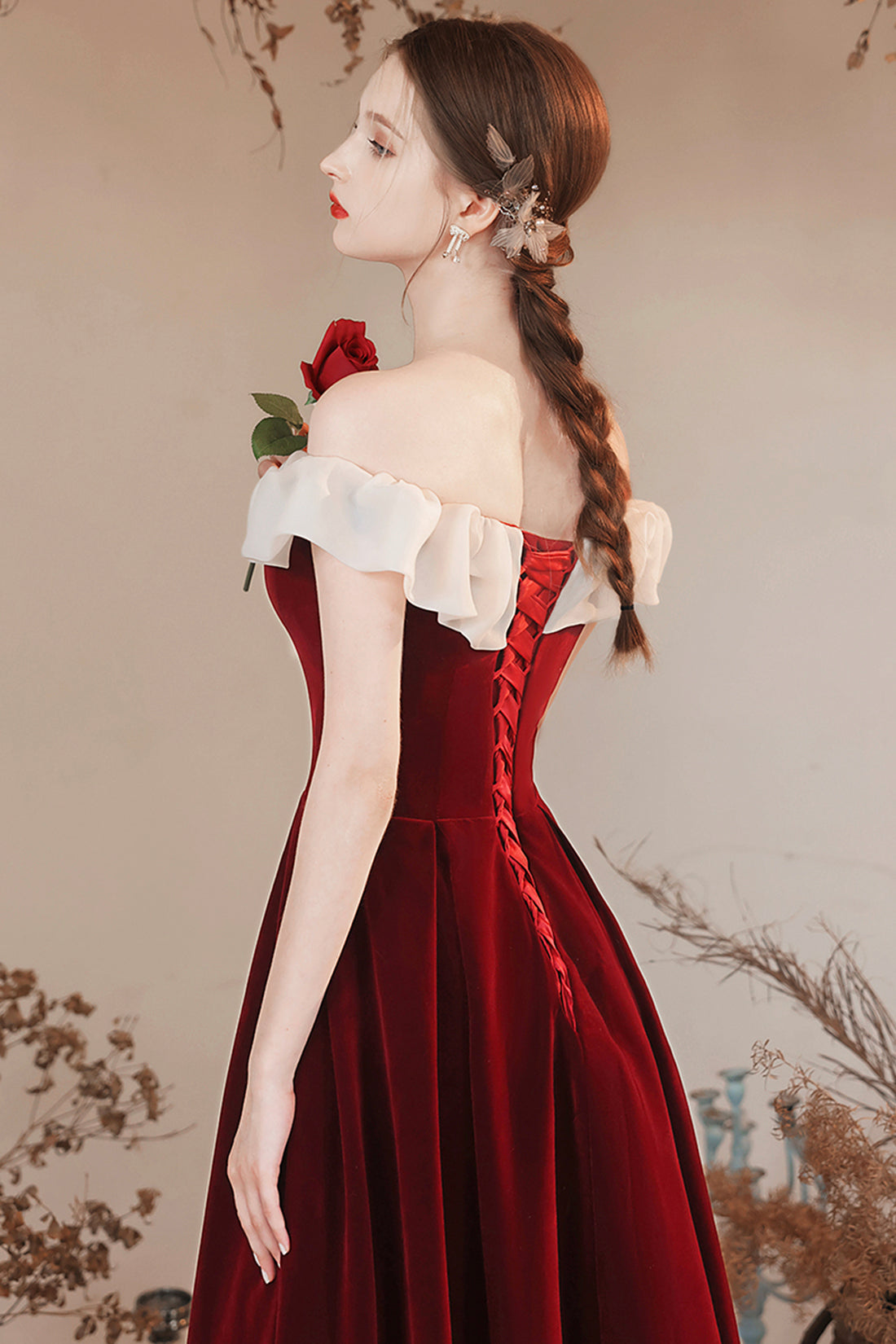 red velvet off shoulder dress Burgundy Velvet Off Shoulder Long Prom Dress, Burgundy A Line Evening