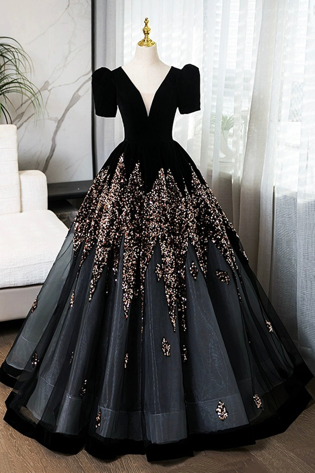 Elegant V-Neck Velvet and Sequins Floor Length Prom Dress, Black Short Sleeve Formal Dress