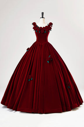 Burgundy Velvet Floor Length Prom Dress, A-Line Evening Party Dress with Flowers