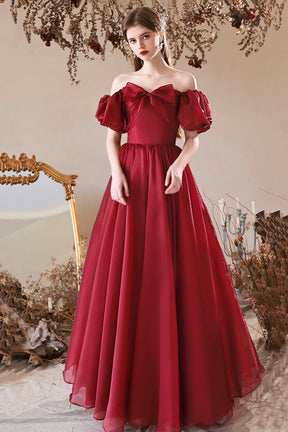 Burgundy Tulle Long Prom Dress, Off the Shoulder Beautiful A-Line Evening Party Dress