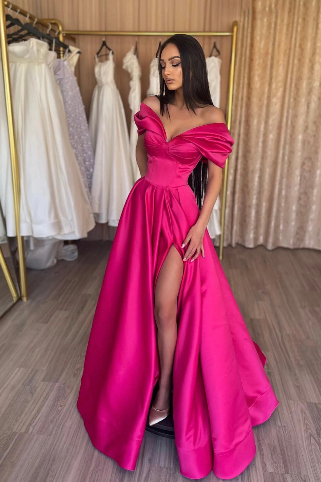 Mermaid Spaghetti Strap Satin Long Prom Dress, Hot Pink Corset Evening