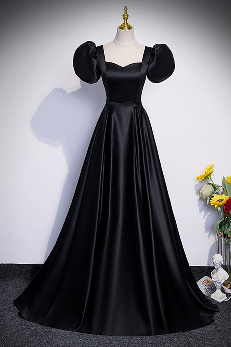 Black Satin Floor Length Prom Dress, Simple Black Short Sleeve Evening