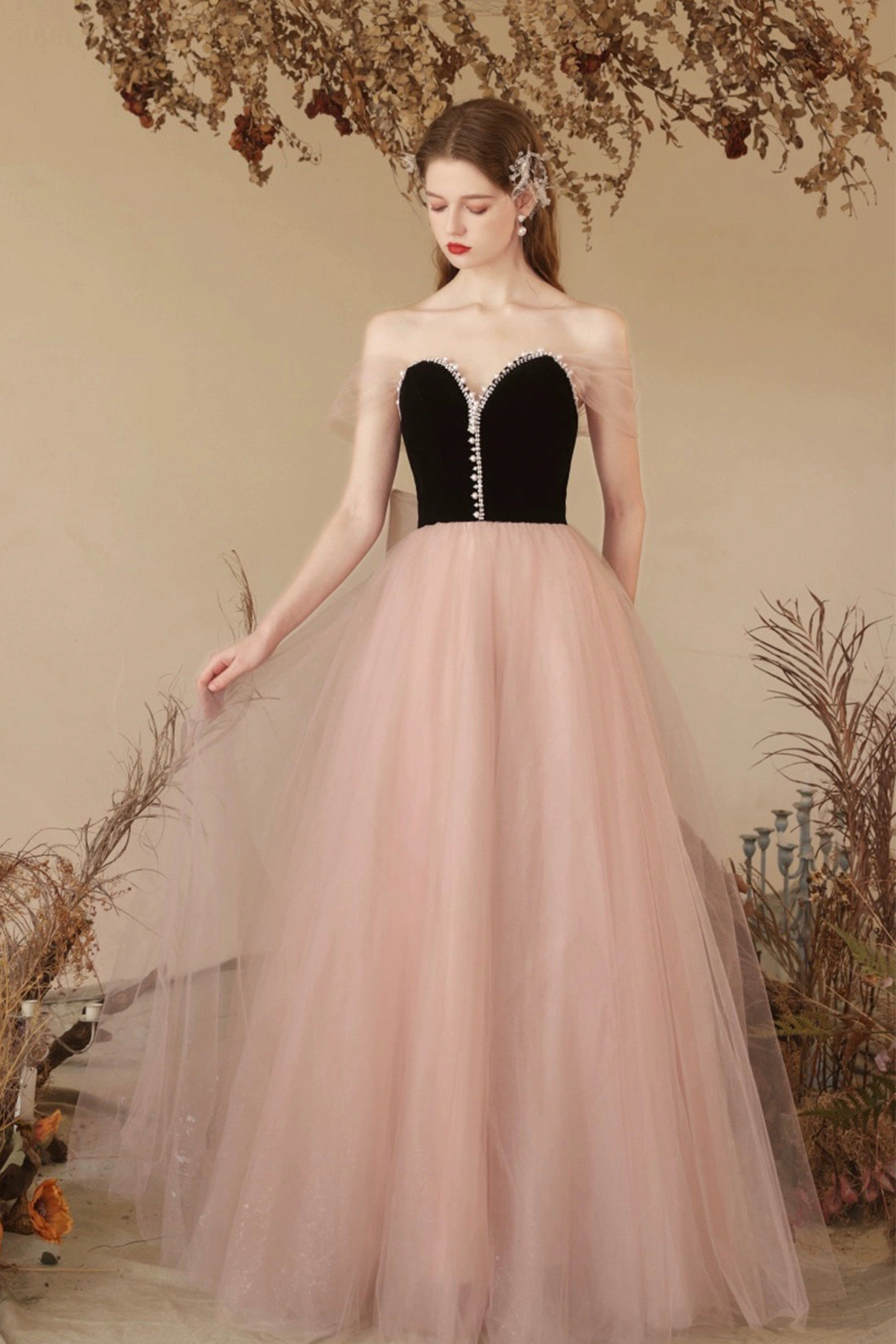 Black Velvet and Pink Tulle Long Prom Dress, Beautiful Sweetheart Neck Evening Dress