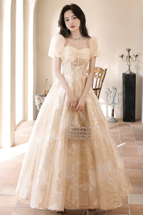 Champagne Tulle Long Prom Dresses, Champagne Short Sleeve Evening Dresses