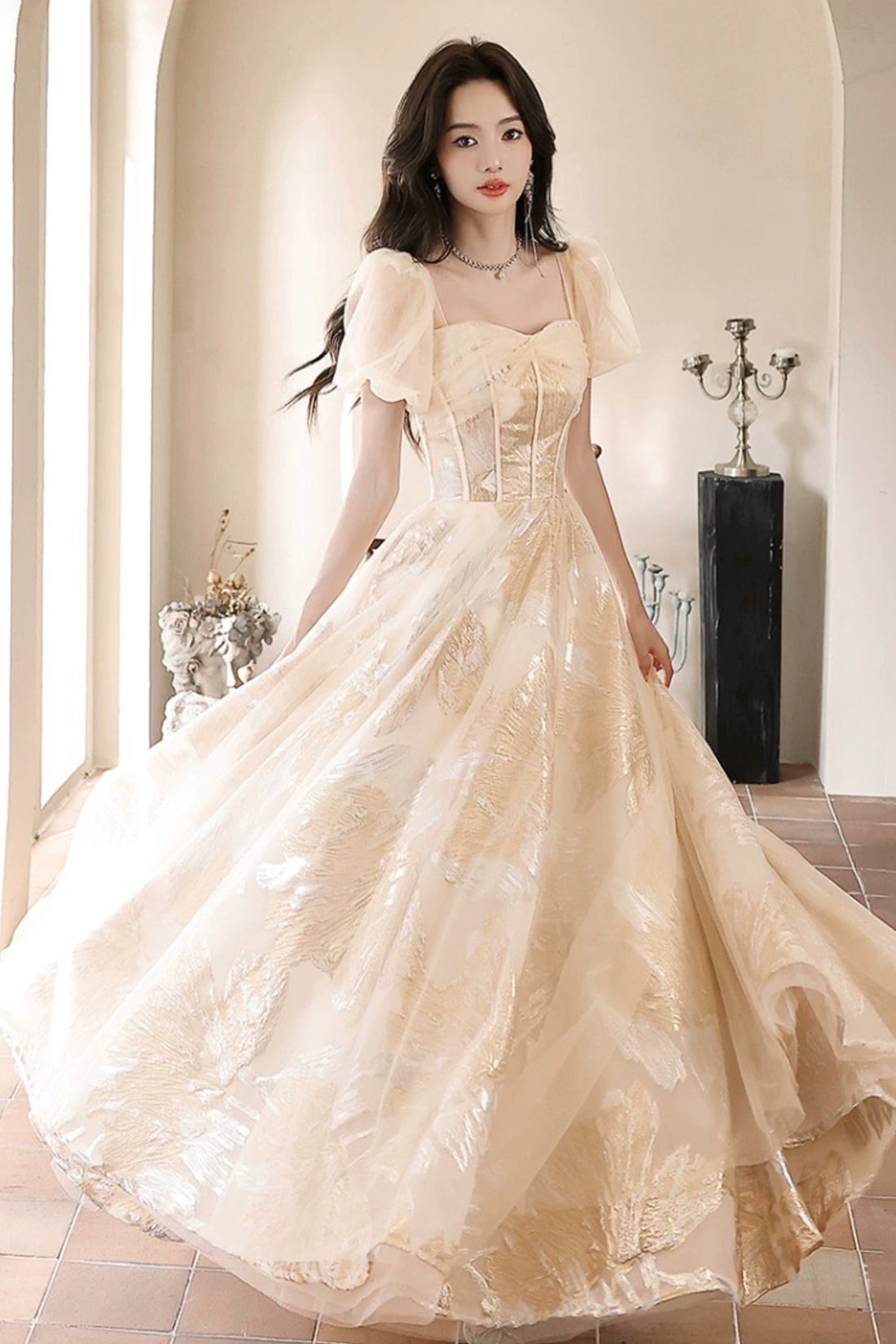 Champagne Tulle Long Prom Dresses, Champagne Short Sleeve Evening Dres Champagne Tulle Long Prom Dresses, Champagne Short Sleeve Evening Dres