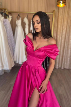 Stylish A-Line Off the Shoulder Satin Long Prom Dress, Hot Pink Satin Pleats Evening Dress with Slit