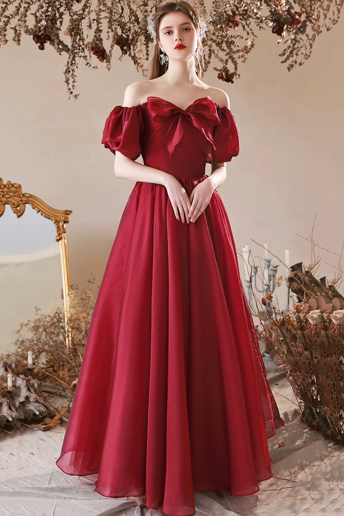Burgundy Tulle Long Prom Dress, Off the Shoulder Beautiful A-Line Evening Party Dress