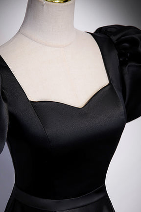 Black Satin Floor Length Prom Dress, Simple Black Short Sleeve Evening