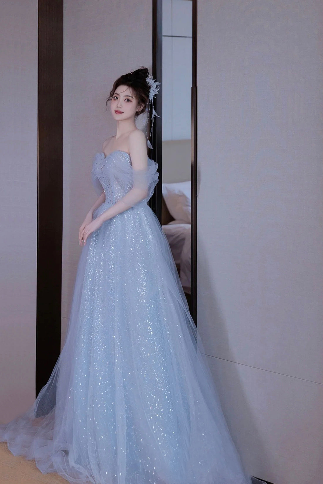 Light Blue Tulle Off Shoulder Party Dress, A-Line Sequins Blue Formal Dress Prom Dress