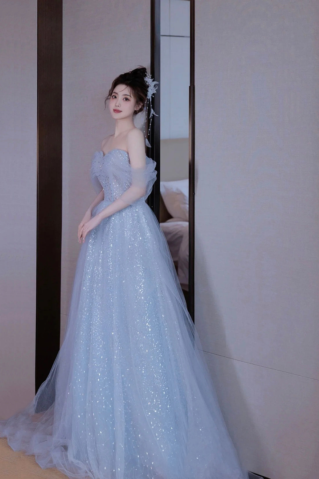 Light Blue Tulle Off Shoulder Party Dress, A-Line Sequins Blue Formal Light Blue Tulle Off Shoulder Party Dress, A-Line Sequins Blue Formal