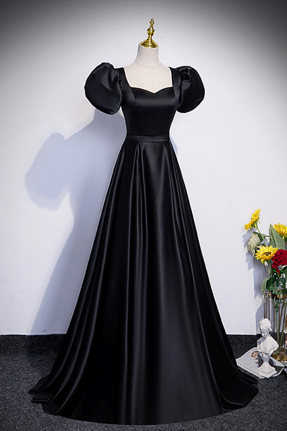 Black Satin Floor Length Prom Dress, Simple Black Short Sleeve Evening