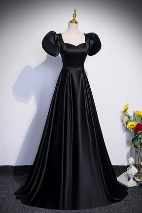 Black Satin Floor Length Prom Dress, Simple Black Short Sleeve Evening Black Satin Floor Length Prom Dress, Simple Black Short Sleeve Evening