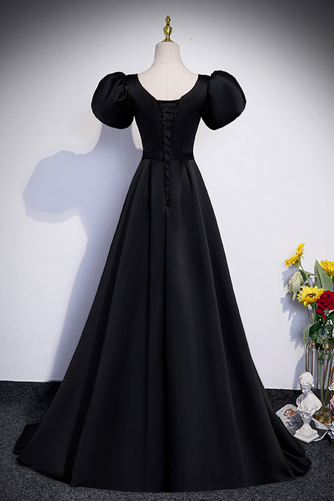 Black Satin Floor Length Prom Dress, Simple Black Short Sleeve Evening Black Satin Floor Length Prom Dress, Simple Black Short Sleeve Evening