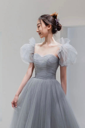Gray Tulle Floor Length A-Line Prom Dress, Lovely Puff Sleeve Evening Party Dress