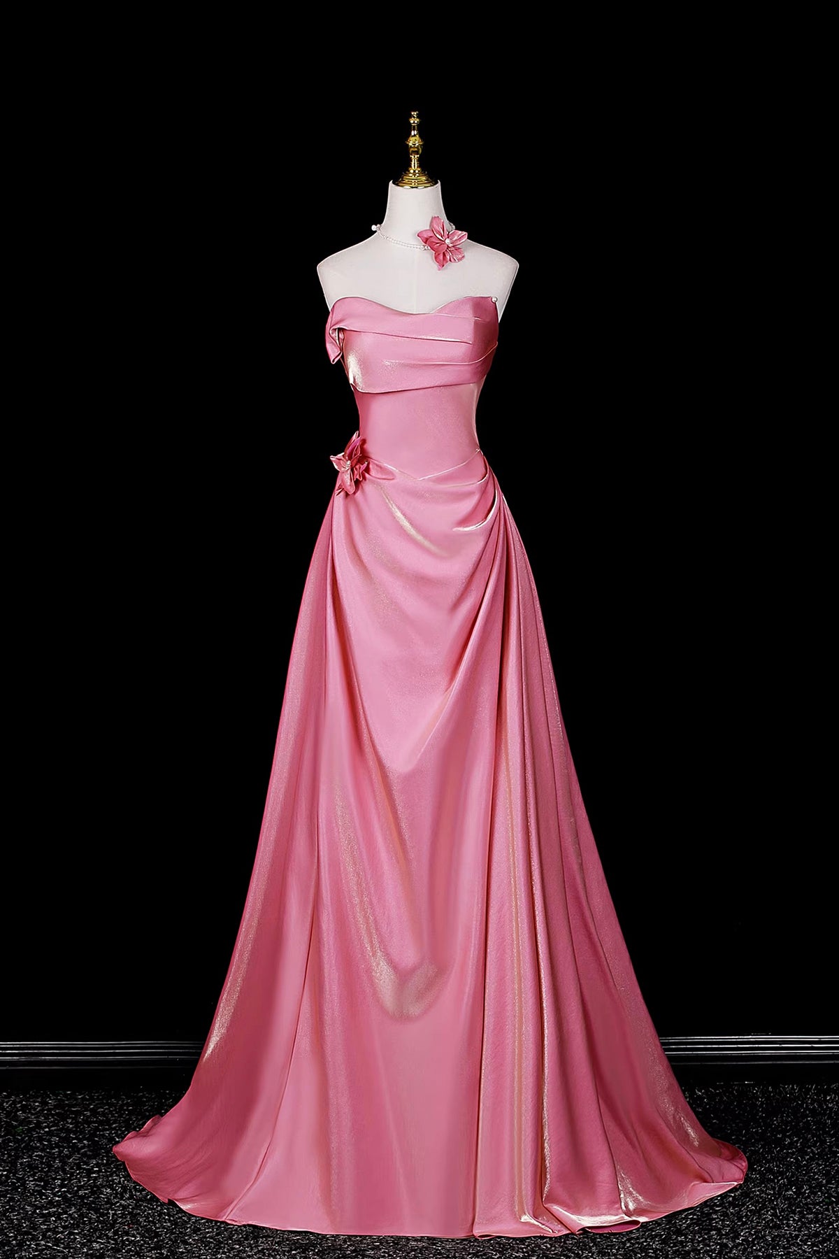 Candy Pink Satin Evening Gown | Floral Applique Formal Dress with Train