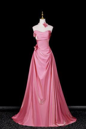 Candy Pink Satin Evening Gown | Floral Applique Formal Dress with Train