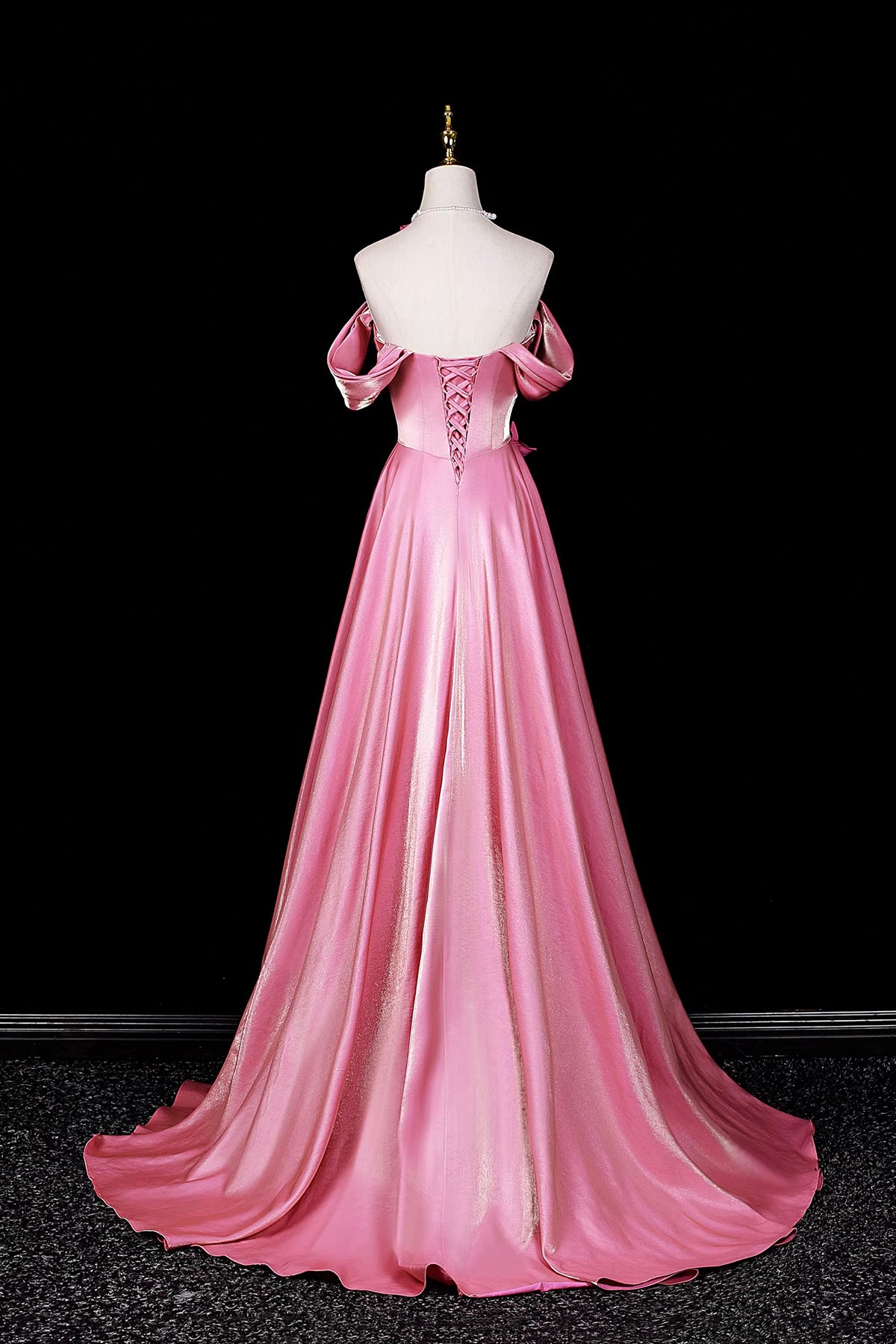 Candy Pink Satin Evening Gown | Floral Applique Formal Dress with Train