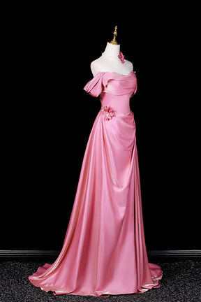 Candy Pink Satin Evening Gown | Floral Applique Formal Dress with Train