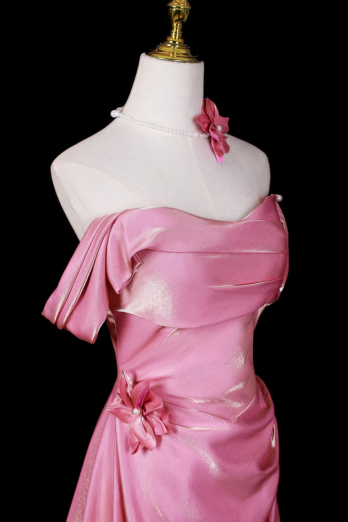 Candy Pink Satin Evening Gown | Floral Applique Formal Dress with Train
