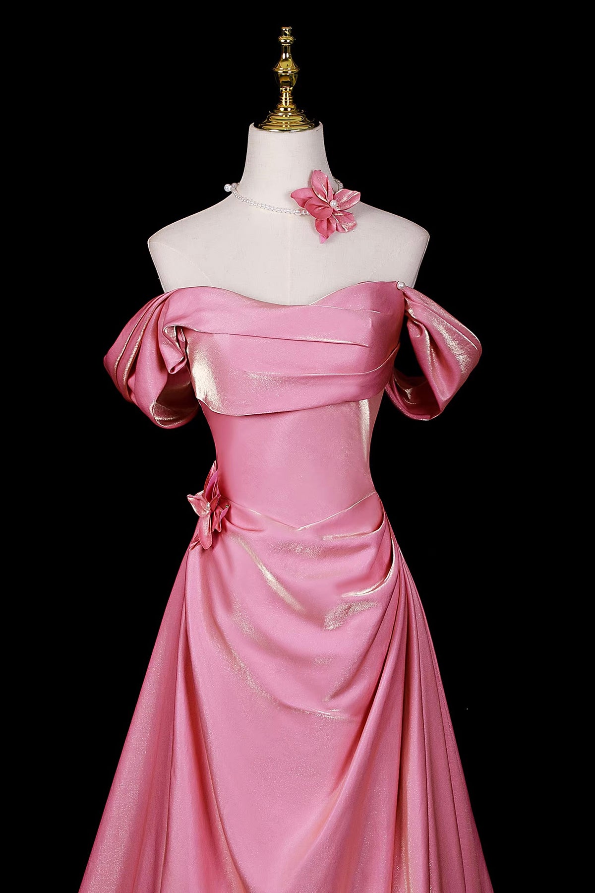 Candy Pink Satin Evening Gown | Floral Applique Formal Dress with Train