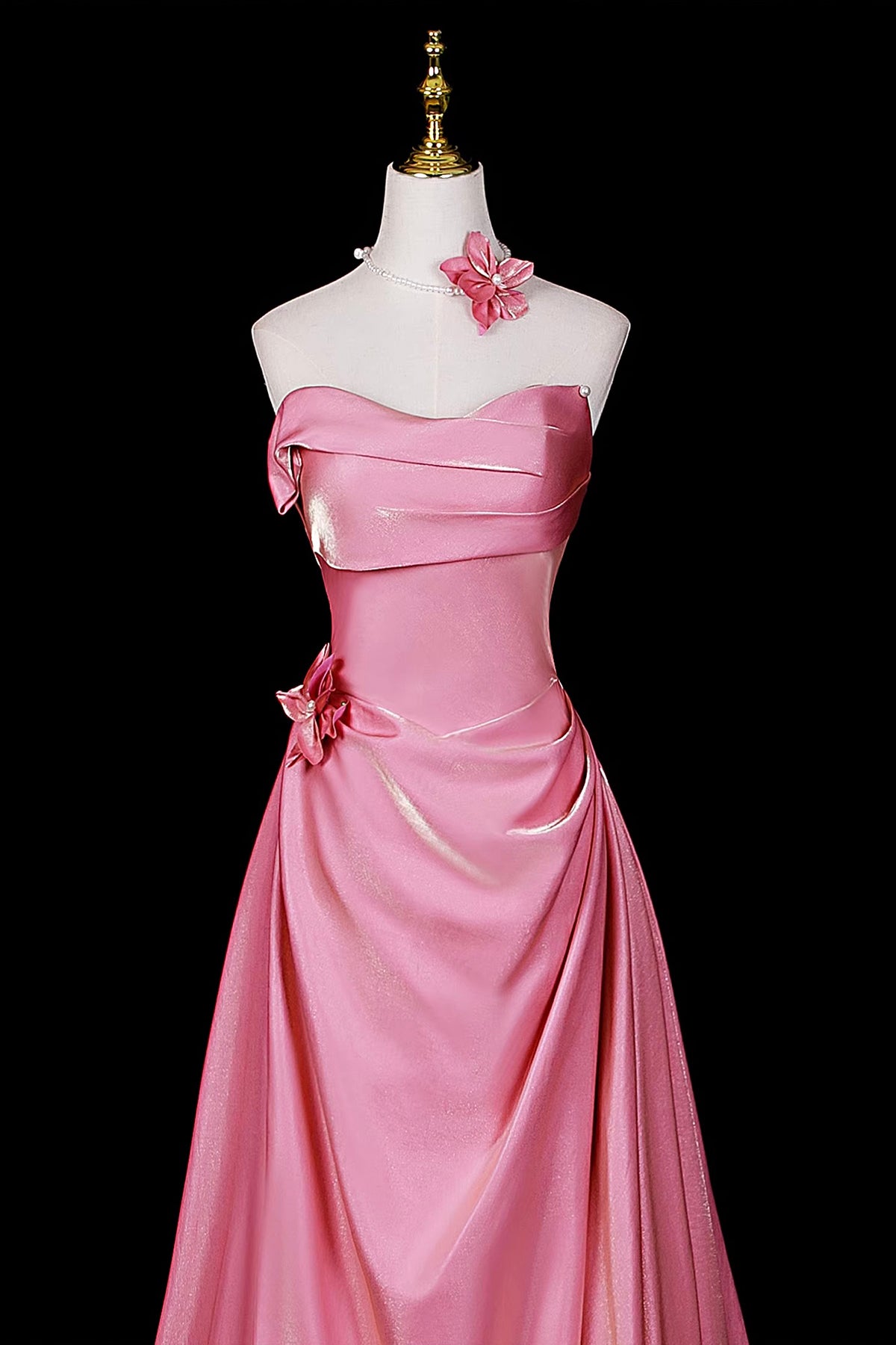 Candy Pink Satin Evening Gown | Floral Applique Formal Dress with Train
