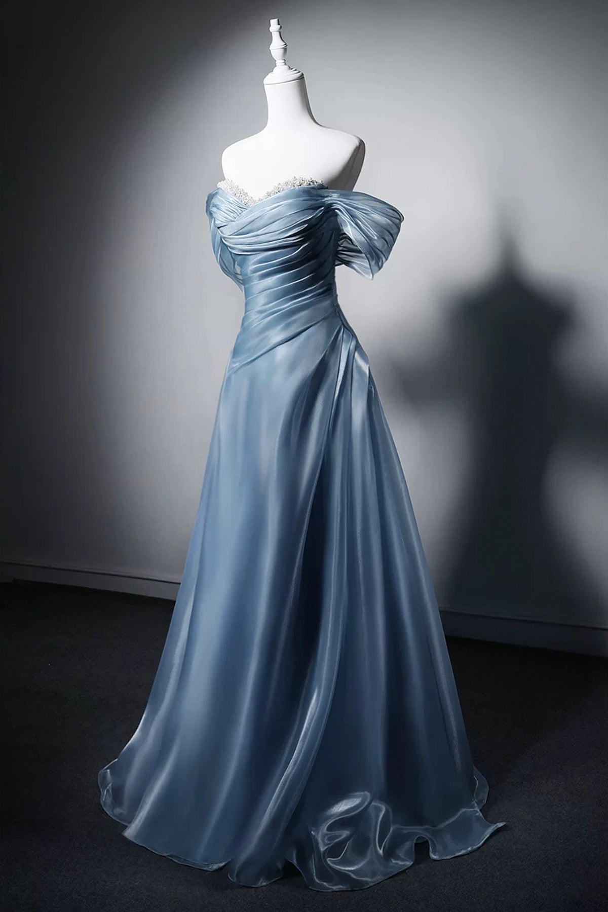 Dusty Blue Off-the-Shoulder Evening Gown, A-Line Off the Shoulder Party Dress