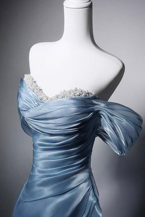 Dusty Blue Off-the-Shoulder Evening Gown, A-Line Off the Shoulder Party Dress
