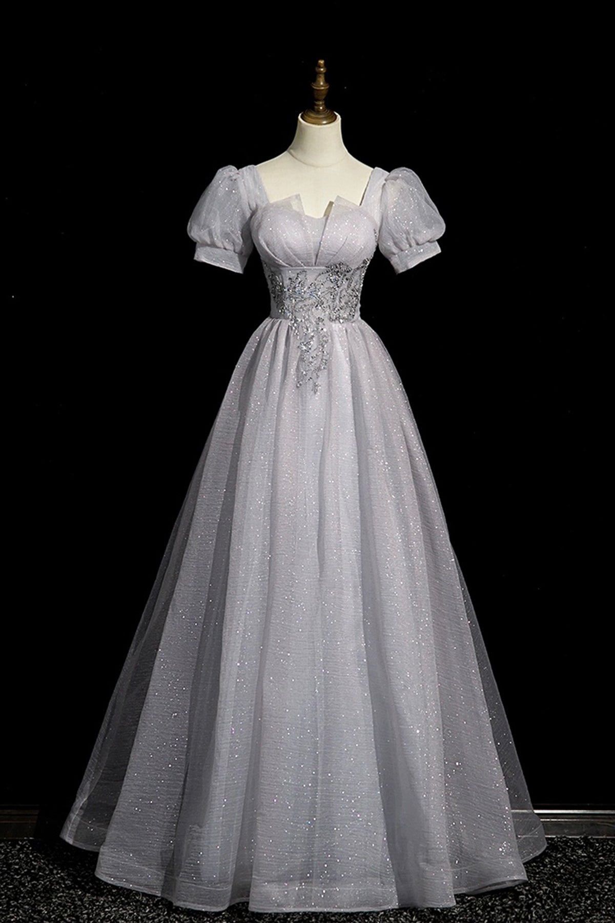 Gray Tulle Beaded Long Prom Dress, A-Line Short Sleeve Evening Party Dress