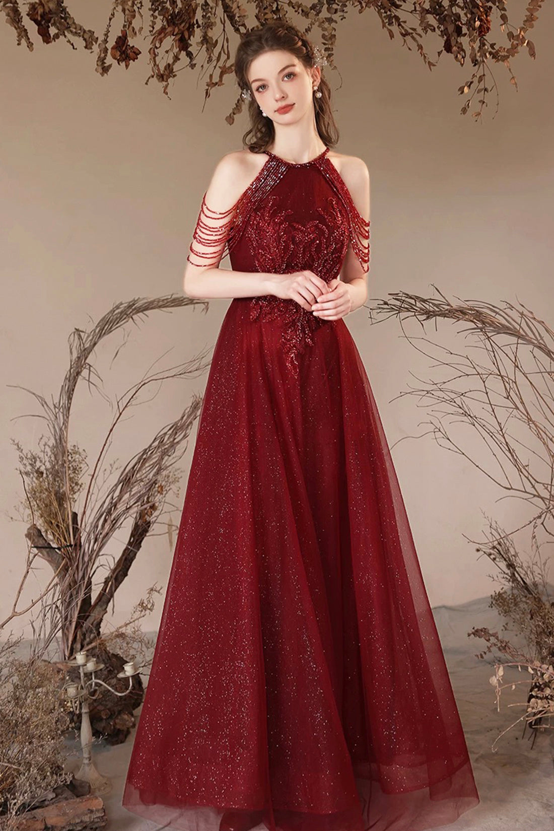 Burgundy Halter Tulle Long Prom Dress with Beads, Elegant A-Line Backless Party Dress