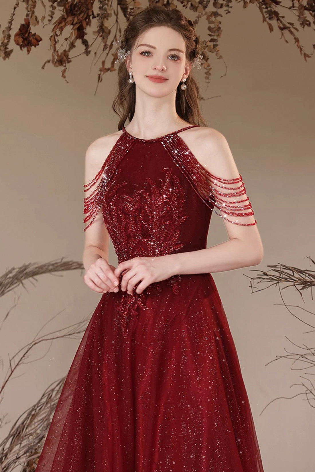 Burgundy Halter Tulle Long Prom Dress with Beads, Elegant A-Line Backless Party Dress