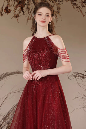 Burgundy Halter Tulle Long Prom Dress with Beads, Elegant A-Line Backless Party Dress