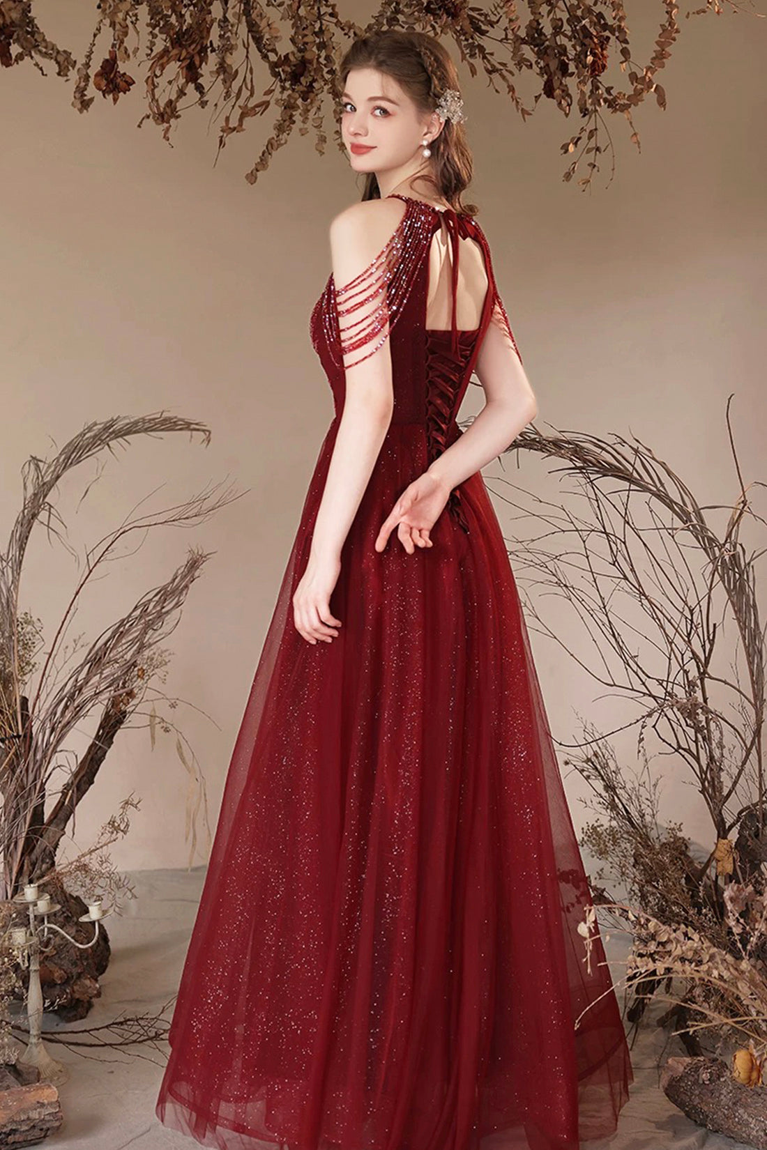 Burgundy Halter Tulle Long Prom Dress with Beads, Elegant A-Line Backless Party Dress