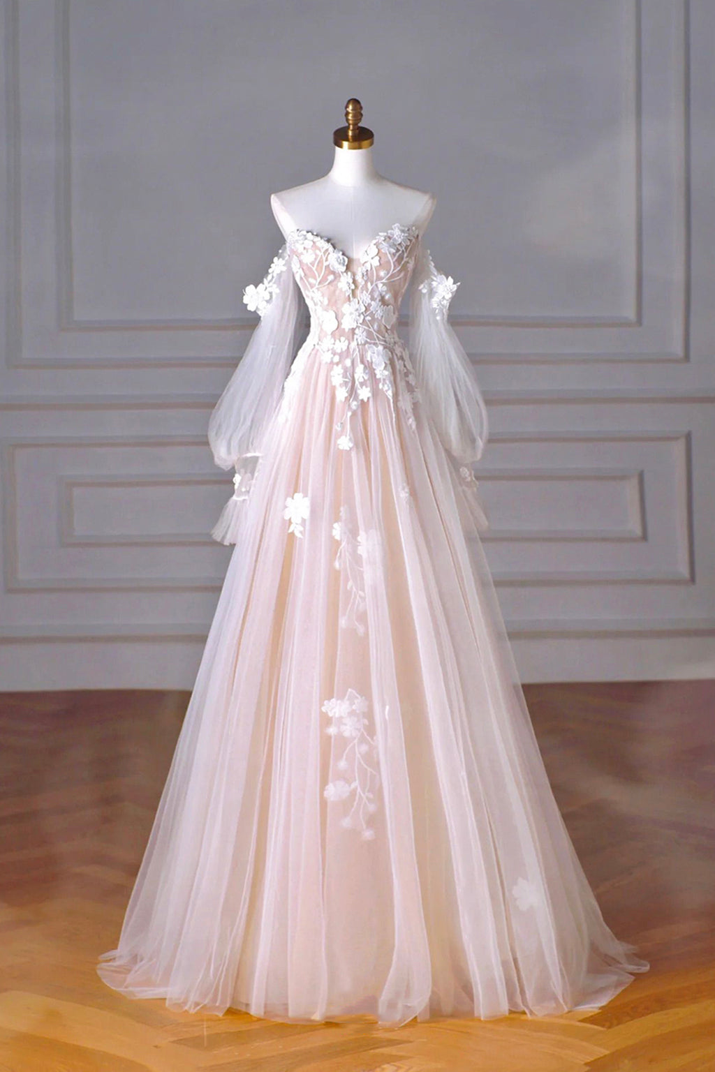 Champagne Tulle Lace Floor Length Prom Dress, Off the Shoulder Long Sl