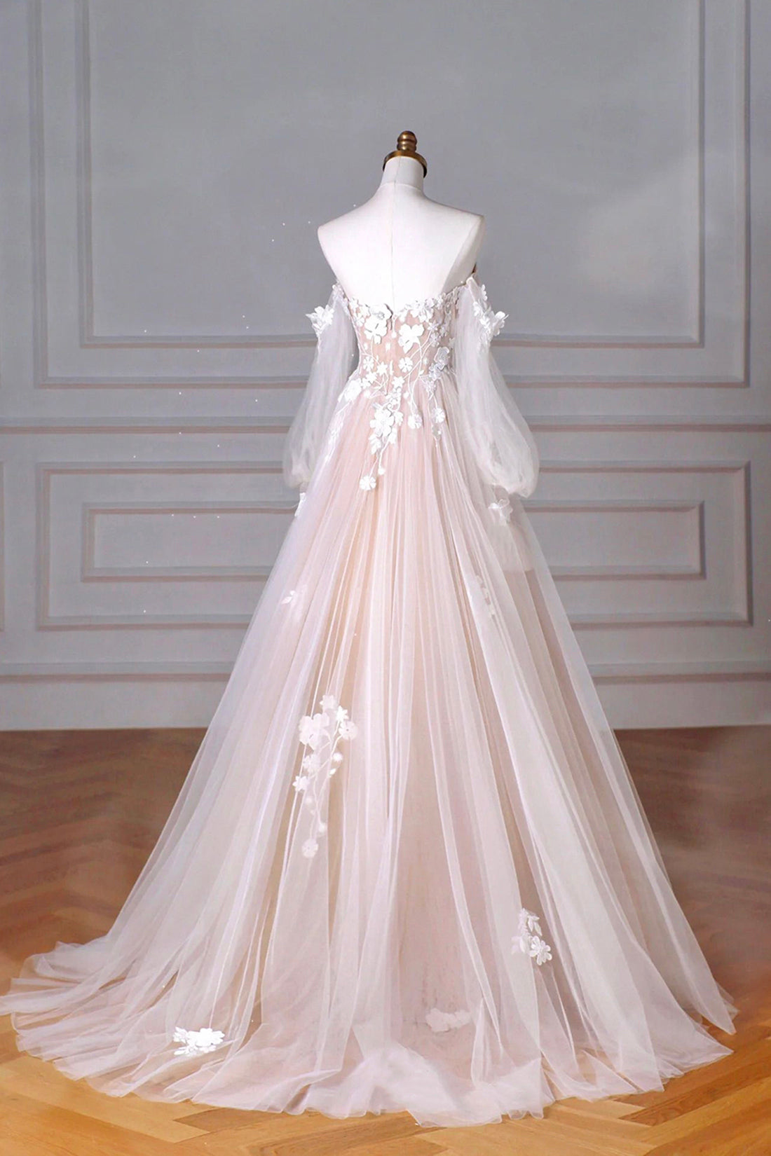 Champagne Tulle Lace Floor Length Prom Dress, Off the Shoulder Long Sl
