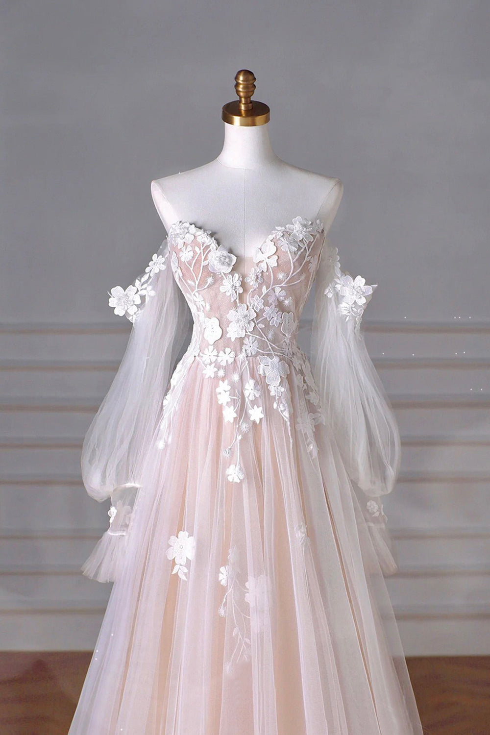 A-Line Strapless Tulle Lace Floor Length Prom Dresses With Beading,SFPD0020