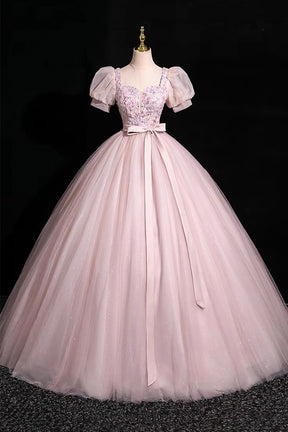 Pink Tulle Floral Floor Length Prom Dress, A-Line Short Sleeve Evening Dress