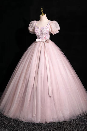 Pink Tulle Floral Floor Length Prom Dress, A-Line Short Sleeve Evening Dress