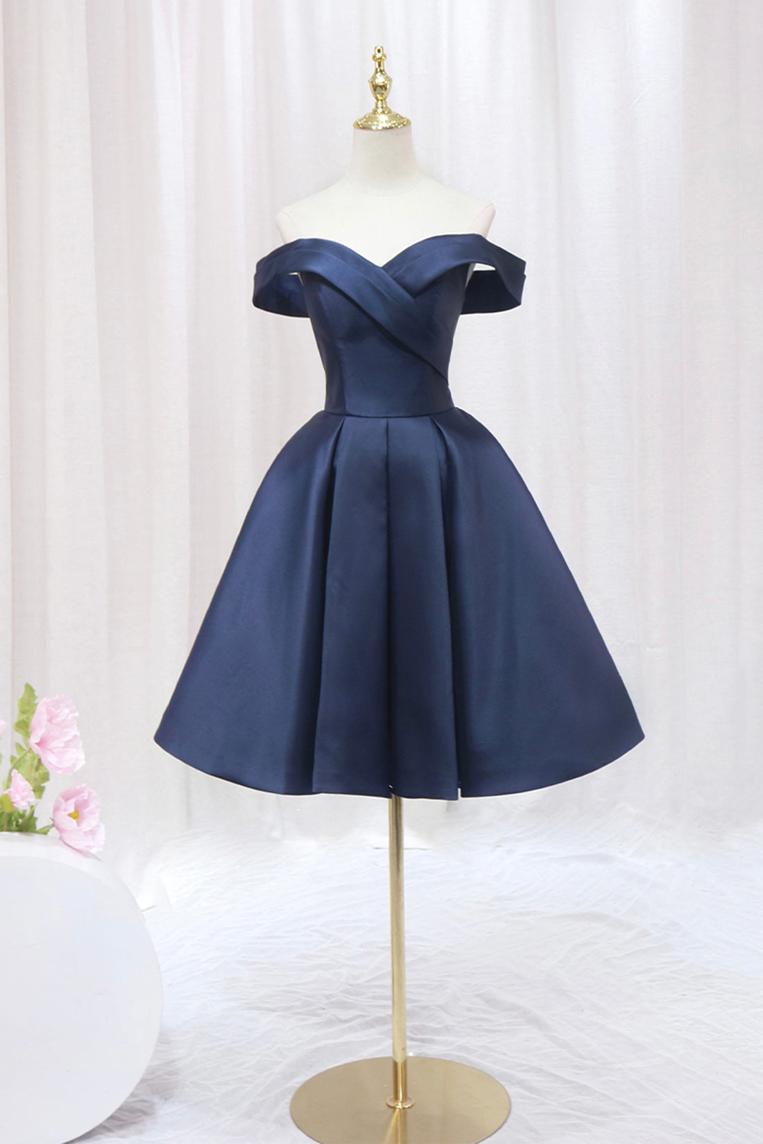 Blue Knee Length Satin Short Prom Dress, Off the Shoulder Blue Homecom Blue Knee Length Satin Short Prom Dress, Off the Shoulder Blue Homecom