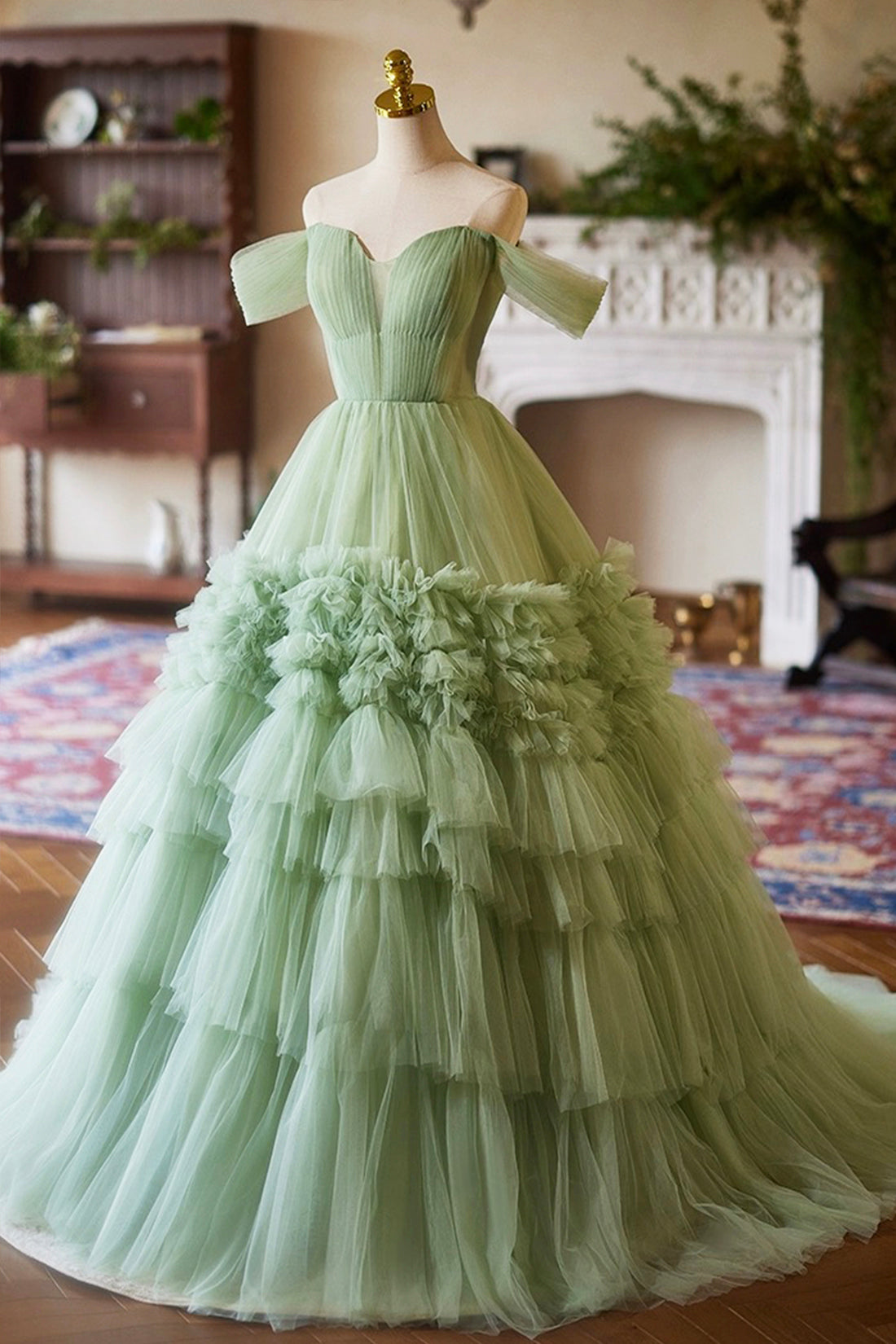 Green Off the Shoulder Tulle Layers Long Formal Dress, Green Evening Party Dress