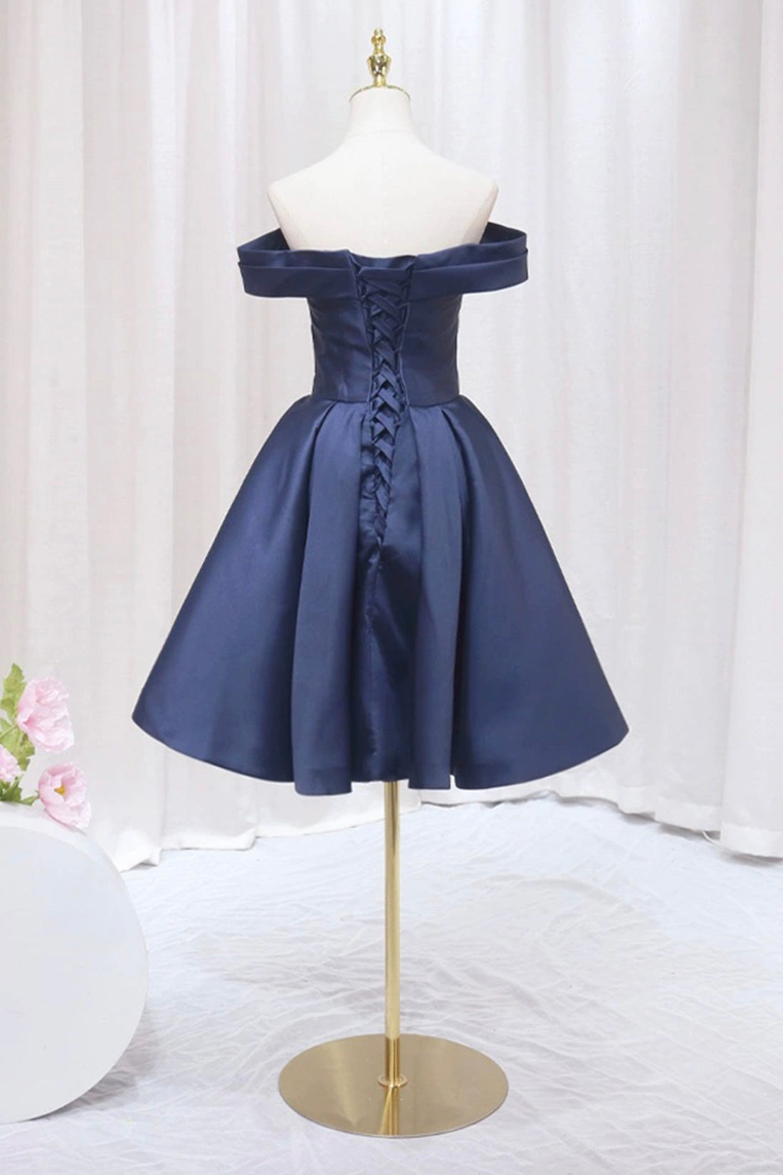 Blue Knee Length Satin Short Prom Dress, Off the Shoulder Blue Homecom Blue Knee Length Satin Short Prom Dress, Off the Shoulder Blue Homecom