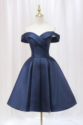 Blue Knee Length Satin Short Prom Dress, Off the Shoulder Blue Homecoming Dress