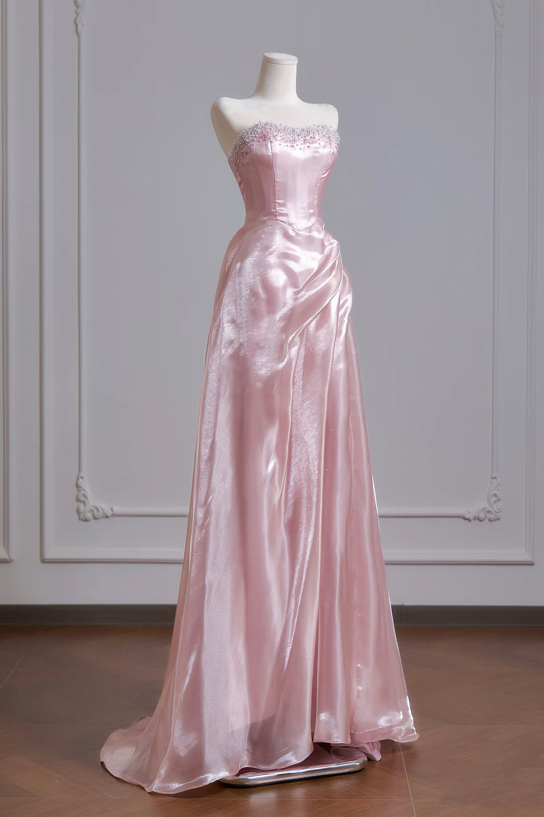 Pink Tulle Strapless Prom Gown with Beaded Neckline & Side Drape